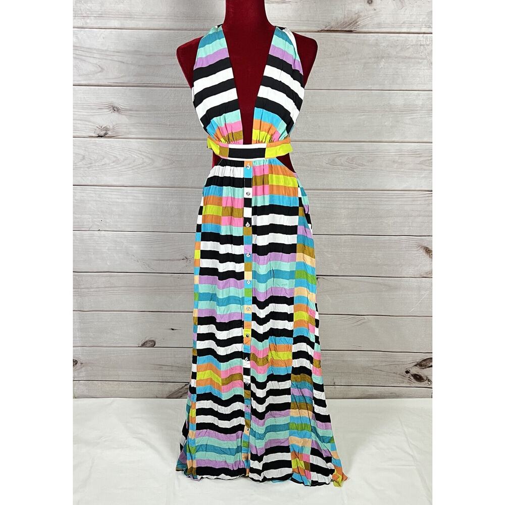 NWT Mara Hoffman Sleeveless Wrap Halter Striped Multicolor Maxi Dress Sz 4